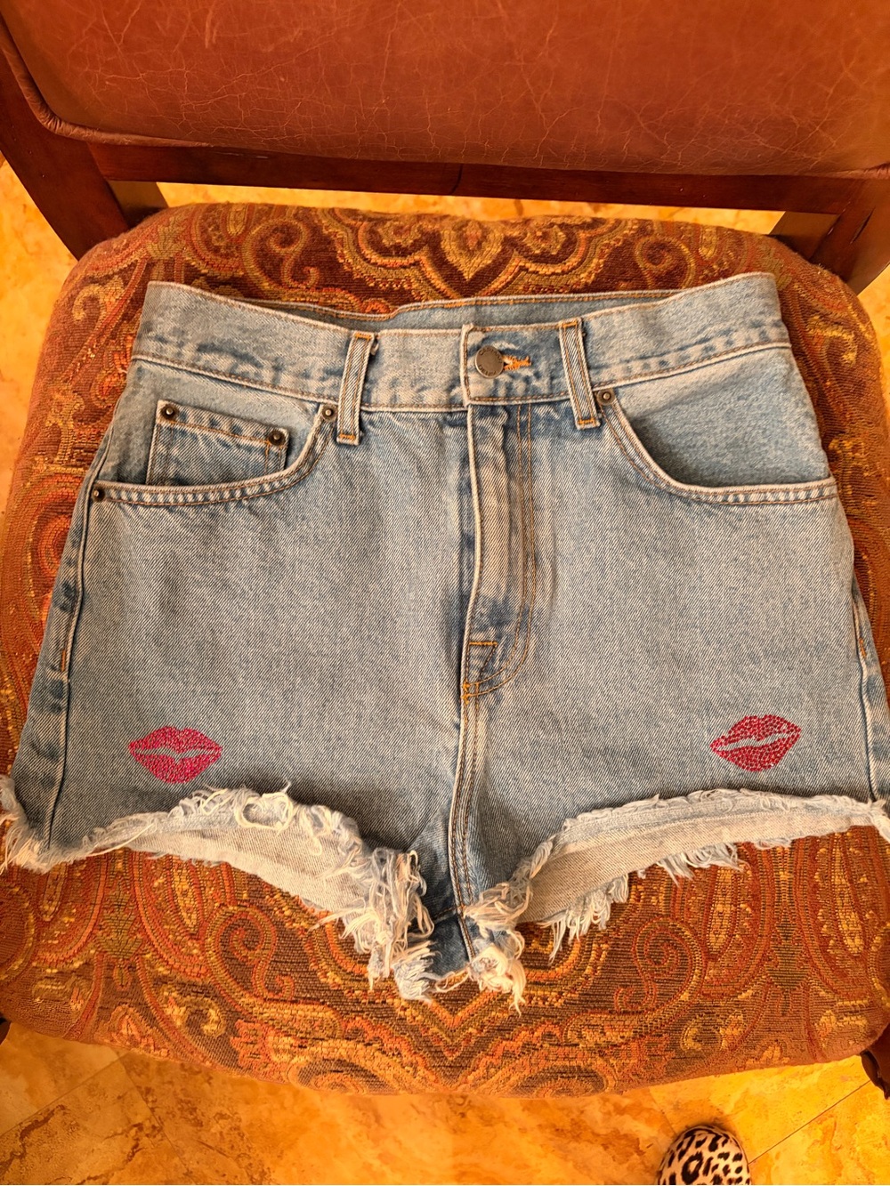 Carmar Light Wash Denim Shorts with Pink Kiss Embroidery